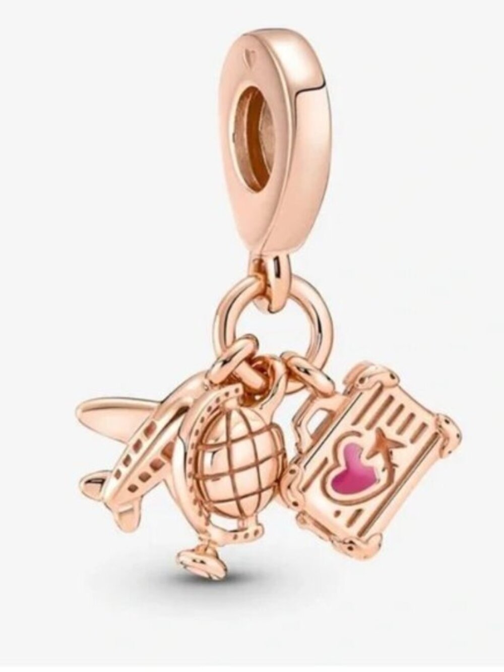 Pandora Rose Gold Travel Dangle Charm with Pink Accent